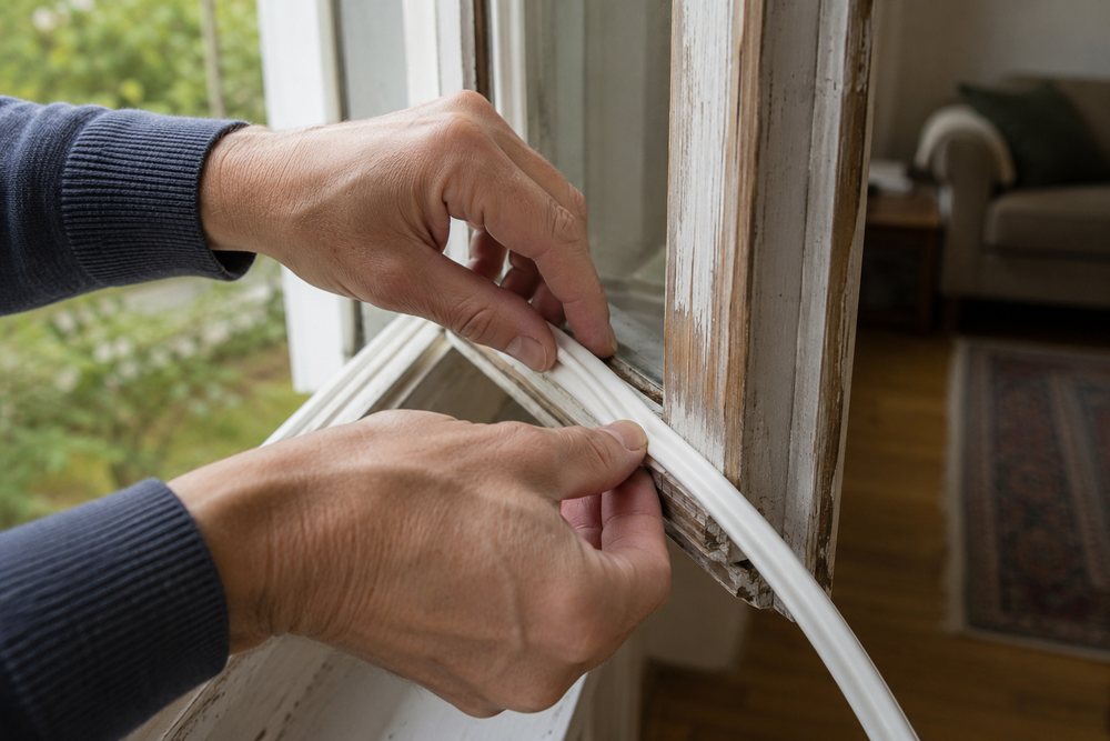 Zwei Hände drücken ein weißes Dichtband in die Falz eines geöffneten Holzfensters.