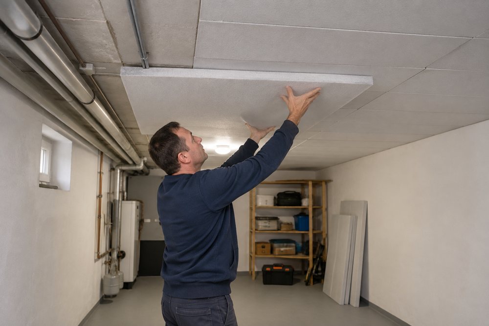 Ein Handwerker drückt eine helle Dämmplatte an eine Kellerdecke, die übrigen Platten sitzen schon.