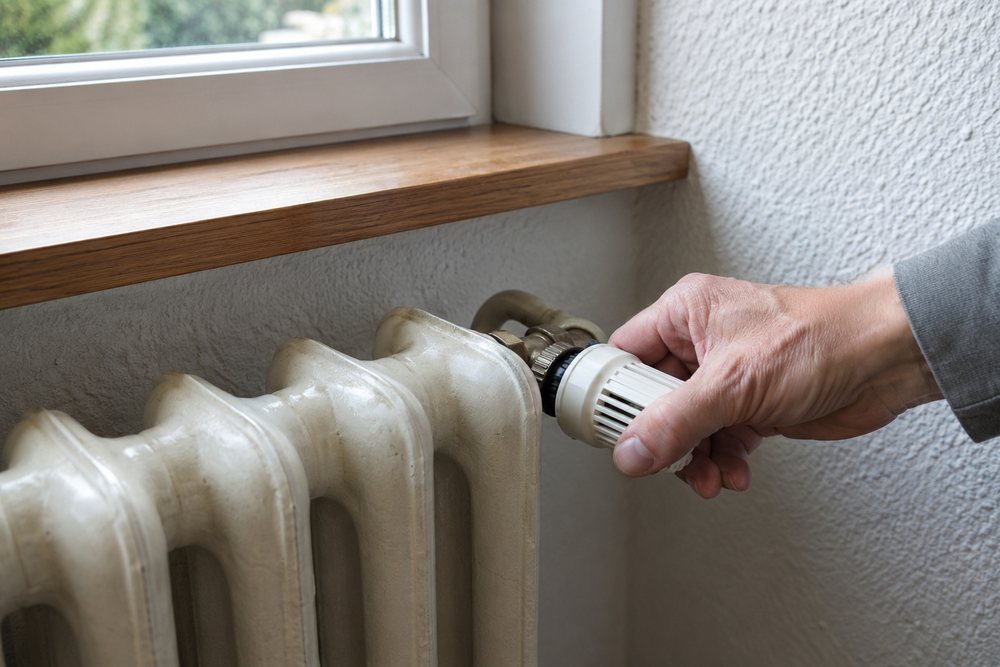 Eine Hand dreht am Thermostatventil eines alten Gliederheizkörpers unter einem Fenster.